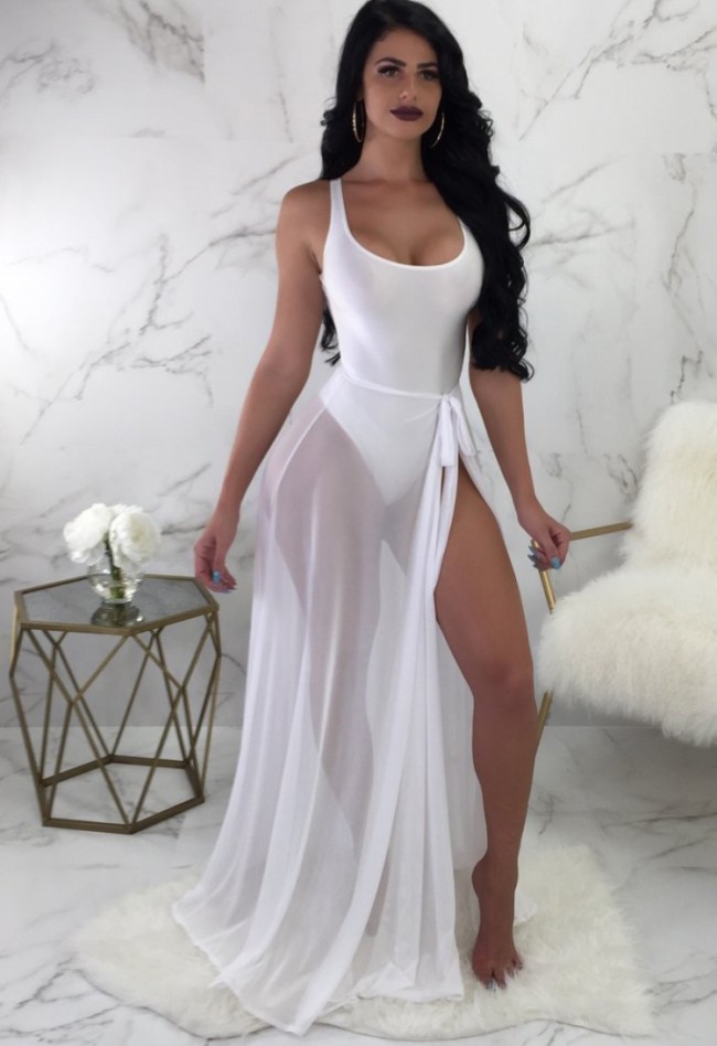 White Backless High Cut Tank Bodysuit and Long Mesh Cover Up 2PCS Set