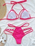 Pink Hollow Out O-Rings Cami Halter Bikini Two Piece Set