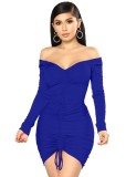 Blue Off Shoulder Long Sleeve Drawstring Ruched Sheath Mini Dress