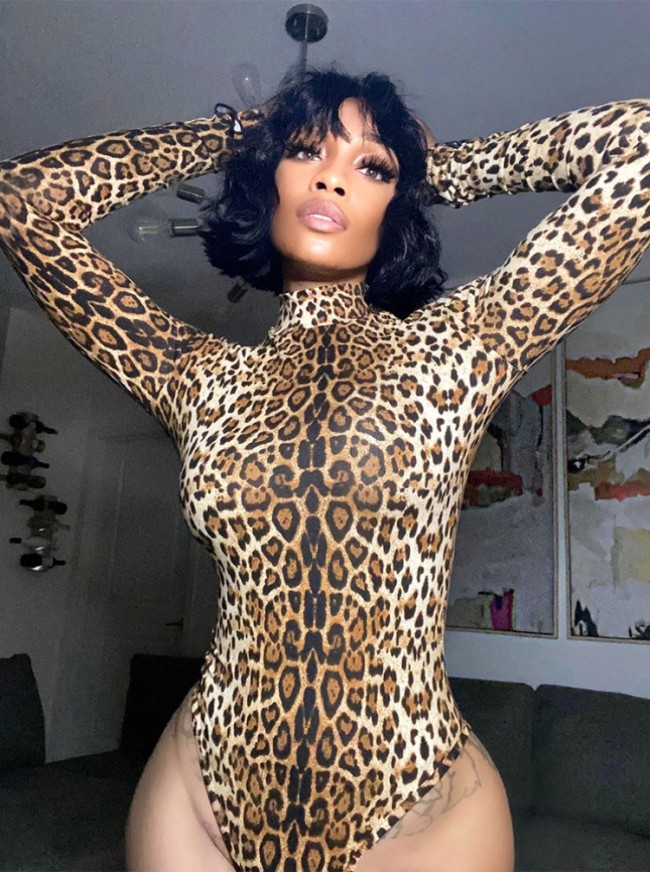 Leopard Print High Neck Long Sleeve Bodycon Bodysuit