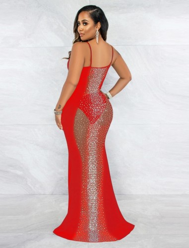 Red Sequins Deep-V See Through Cami Sleeveless Bodycon Maxi Dress