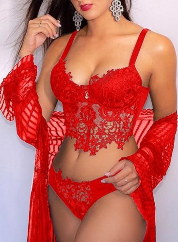 Red Lace Cami Crop Top and Panty with Cardigan Lingerie 3PCS Set