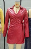 Red Leather Long Sleeve V-Neck Cross Tied Mini Dress