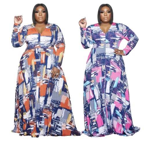 Plus Size Print V-Neck Long Sleeve Loose Maxi Dress