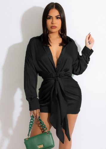Black Silk Turndown Collor Long Sleeve Mini Blouse Dress With Belt
