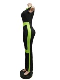 Green Patch Black Turtleneck Sleeveless Zipper Up Bodycon Jumpsuit
