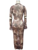 Print Hollow Out O-Neck Flare Long Sleeve Maxi Dress