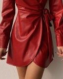 Red Leather Long Sleeve V-Neck Cross Tied Mini Dress