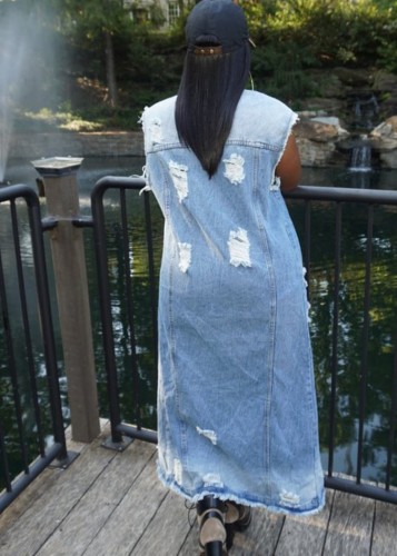 Blue Button Up Sleeveless Distressed Long Jeans Coat