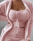 Pink Fleece Long Sleeves Long Cardigan with Pocket