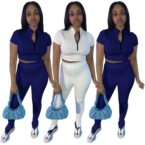 Blue Zipper Short Sleeve Fitted Top and High Waist Pants 2PCS Set