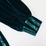 Plus Size Green Velvet Sequins V-Neck Puff Long Sleeve Slit Maxi Dress