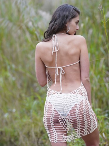 Beige Fishnet Halter Backless Sleeveless Mini Beach Dress