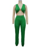 Green Sleeveless Crop Top And High Waist Pants2PCS Sets