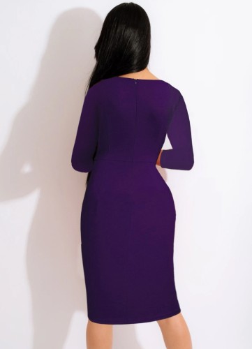 Purple O-Neck Half Sleeve Ruffled Sheath Midi Office Dress