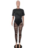 Black See Through Mesh Backless Short Sleeve Top & Pant 2 Piece Outfits