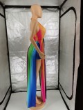 Rainbow Color Stripe Print Deep-V Halter Sleeveless Slit Long Dress