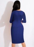 Blue O-Neck Half Sleeve Ruffled Sheath Midi Office Dress