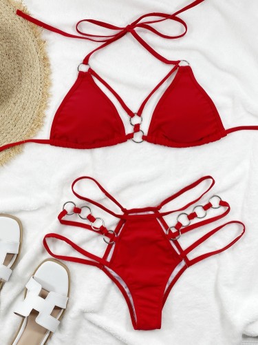 Red Hollow Out O-Rings Cami Halter Bikini Two Piece Set