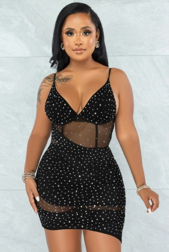 Black Beaded Mesh Patched Cami Mini Dress