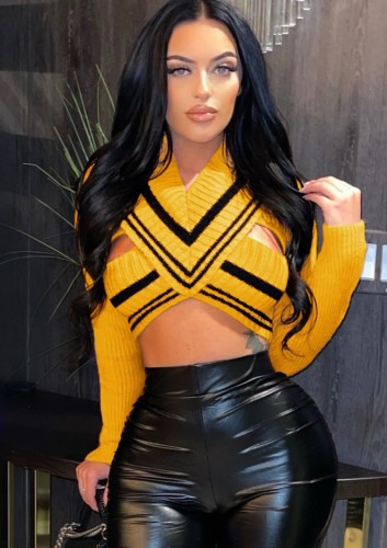 Yellow Knitted Hollow Out V-Neck Long Sleeve Crop Top
