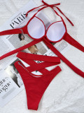 Red Hollow Out Criss Cross High Waist Halter Bikini Two Piece Set
