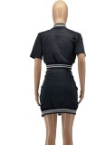 Black Short Sleeve Baseball Crop Top And Slit High Waist Skirt 2PCS Sets