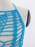 Blue Fishnet Halter Backless Sleeveless Mini Beach Dress