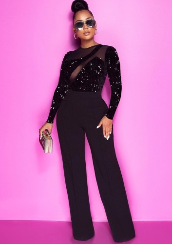 Black Sequins Mesh Patch See Through O-Neck Long Sleeve Jumpsuit