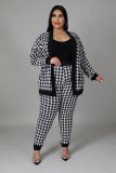 Plus Size Houndstooth Print Long Sleeve Top With Belt And Pant 2PCS Set