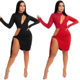 Red Sequins Cut Out Turtleneck Long Sleeve Ruched Irregular Mini Dress