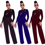 Black Sequins Mesh Patch See Through O-Neck Long Sleeve Jumpsuit