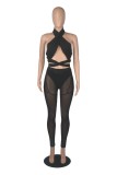 Black Halter Crop Top and See Through High Waist Pants with Pantie 3PCS Sets
