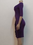 Purple O-Neck Half Sleeve Ruffled Sheath Midi Office Dress