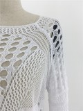 White Knitted Long Sleeve Slit Long Beach Dress