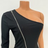 Black One Shoulder Single Long Sleeve Zipper Slim Mini Dress
