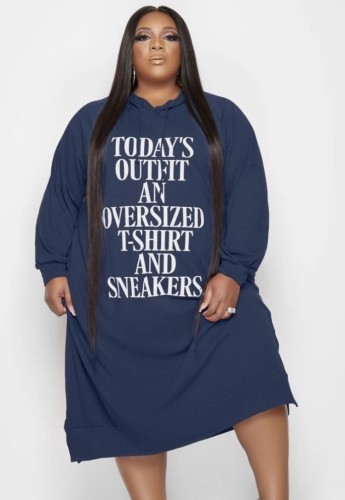 Plus Size Blue Letter Pring Long Sleeve Slit Midi Hoody Dress