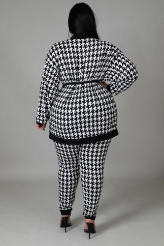 Plus Size Houndstooth Print Long Sleeve Top With Belt And Pant 2PCS Set