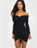 Black Off Shoulder Long Sleeve Drawstring Ruched Sheath Mini Dress