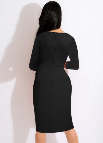 Black O-Neck Half Sleeve Ruffled Sheath Midi Office Dress