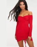 Red Off Shoulder Long Sleeve Drawstring Ruched Sheath Mini Dress