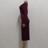 Wine O-Neck Long Sleeve Tight Sheath Midi Dress