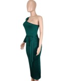 Green One Shoulder Single Sleeve Long Dress with Belt