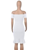 White Off Shoulder Short Sleeve Sheath Mermaid Midi Dress