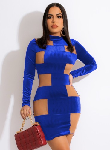 Blue Velvet Mesh See Through Long Sleeve Slinky Mini Dress