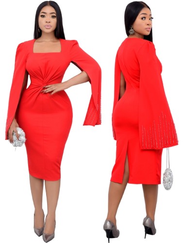 Red Beaded Twist Long Sleeves Midi Dress
