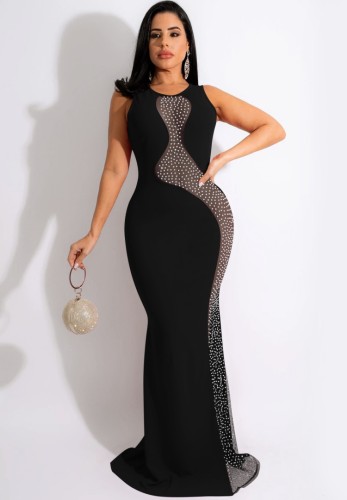 Black Beaded O-Neck Sleeveless Backless Mermaid Maxi Dress