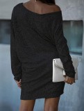 Black Sequin Puff Long Sleeve Mini Sparkly Dress