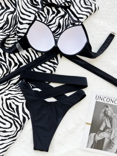 Black Hollow Out Criss Cross High Waist Halter Bikini Two Piece Set
