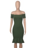 Green Off Shoulder Short Sleeve Sheath Mermaid Midi Dress